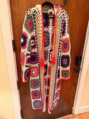 Unique and Colorful SAACHI "Hooded Granny Square Crochet Kimono"